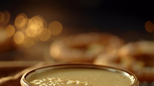 Soft Salted Pretzel Dipping into Creamy Melted Cheese Sauce