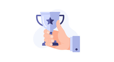 Fototapeta premium A hand holding a trophy cup in a celebratory gesture, symbolizing victory in the world football tournament with a star on it.