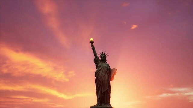 Iconic Statue of Liberty stands silhouetted against a vivid purple and pink sunset sky over New York. Perfect for patriotic, travel, tourism, and freedom themed content.