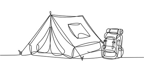Continuous line drawing of a camping tent and a backpack for outdoor adventure and hiking travel Vector, illustration © DCB Line Stocker