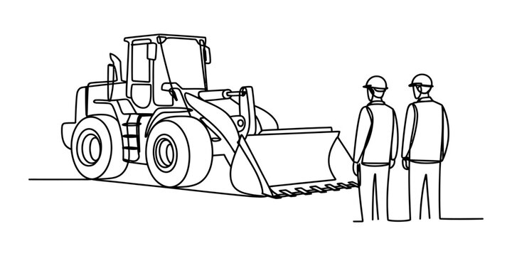 Continuous line drawing of a wheel loader construction vehicle and two workers wearing safety helmets and vests standing at a building site Vector, illustration