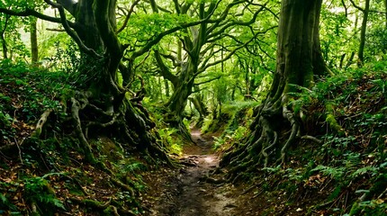 Fototapeta premium Enchanting forest path winding through ancient woodland, flanked by gnarled tree trunks and exposed roots, covered in vibrant green moss and lush foliage, creating a natural tunnel effect.