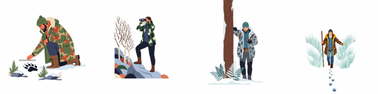 Vector illustrations of hunters or researchers tracking animals, using binoculars, and navigating through snowy winter landscapes in camouflage clothing.
