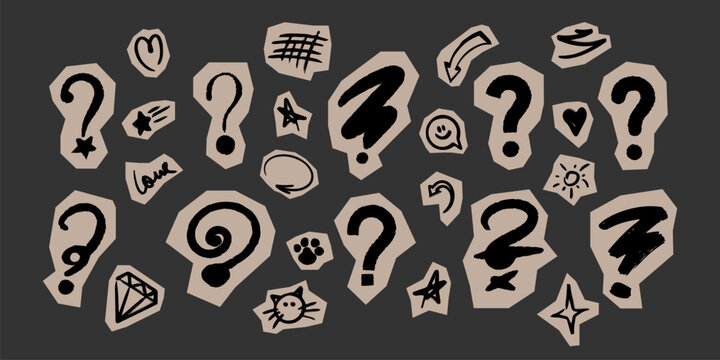Question mark scrapbook collection with hand drawn paper elements and sketched notebook designs. Creative question symbols on craft background with handwritten scribbles for collage projects.