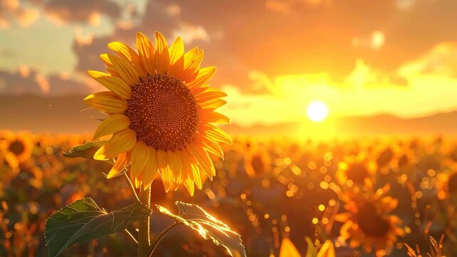 Sunflower Field at Sunset with Bright Sun and Vibrant Colors.