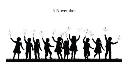 Obraz premium Children Silhouettes Celebrating with Sparklers on November 5th