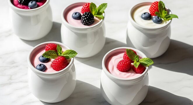 Fresh berry yogurt in small glass jars topped with raspberries blueberries and green mint leaves. yaourts