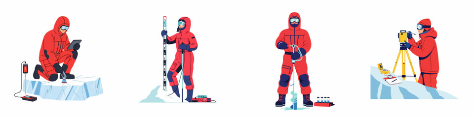 Set of polar scientists and researchers in red survival suits performing various scientific measurements and experiments in an arctic or antarctic environment. © Aldi