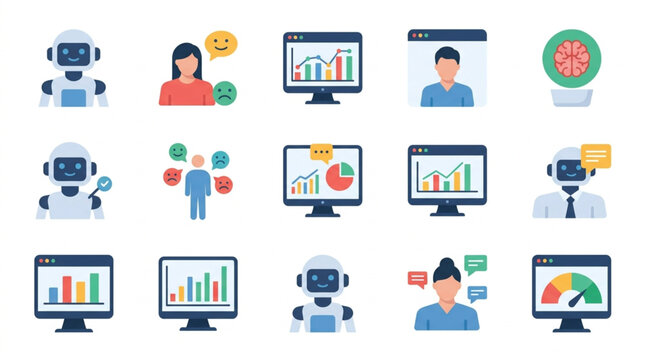 Collection of modern flat icons representing technology and business concepts.