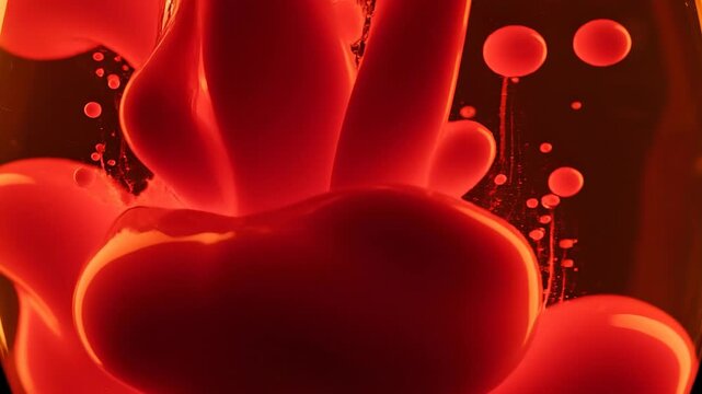 Abstract bright red liquid shapes swirling in vibrant fluid motion with glowing bubbles and dynamic patterns
