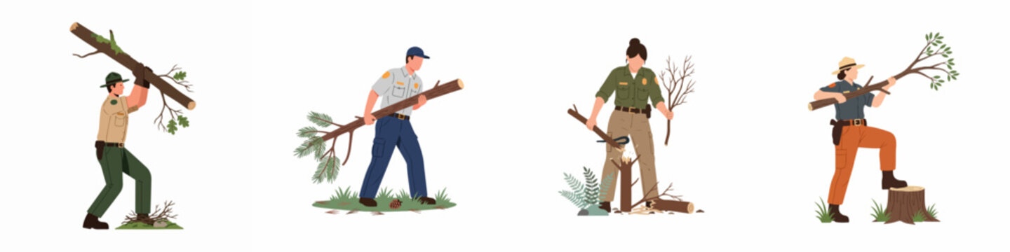 Set of park rangers and foresters performing forest maintenance and debris clearance in vector illustration style