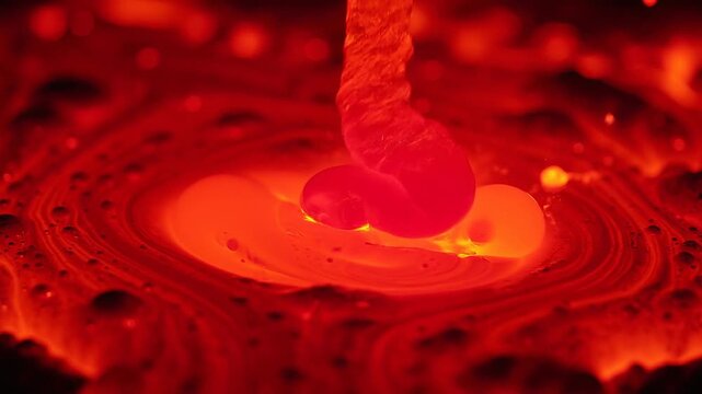 Closeup of glowing molten metal pouring into a fiery hot liquid pool with intense orange and red colors