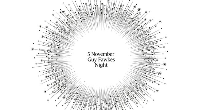 Guy Fawkes Night 5 November celebration vector, explosive firework burst with radial lines, bonfire night festive black and white starburst