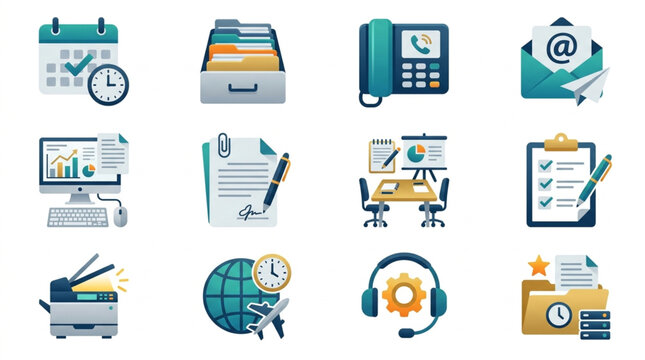 Collection of Business and Office Icons Representing Various Tasks.