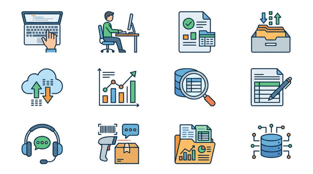 Collection of Business and Technology Icons Representing Data and Workflow.