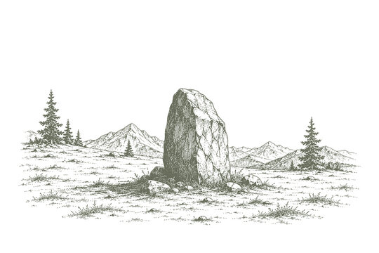 Vintage engraving style vector illustration of a solitary standing stone menhir in a vast valley with a mountain range backdrop