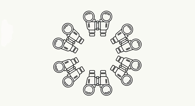Minimalist binoculars icon set in circular pattern, black line art optical equipment vector, surveillance and discovery concept design elements