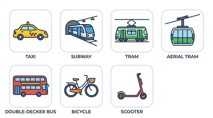 Collection of diverse urban transportation vehicle icons. © alik