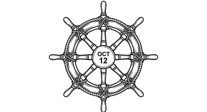 A ship's steering wheel graphic with the date October 12th incorporated into the center for a nautical or maritime theme