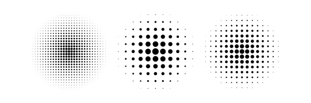 Halftone gradient circles collection. Dots textured round patterns. Cartoon comic radial faded background set. Abstract pixelated elements for frame  poster  collage  banner  flyer. Vector bundle