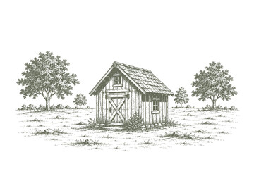 Hand drawn engraving style vector illustration of a rustic wooden barn cabin standing alone in an open field surrounded by scattered trees © Chairul