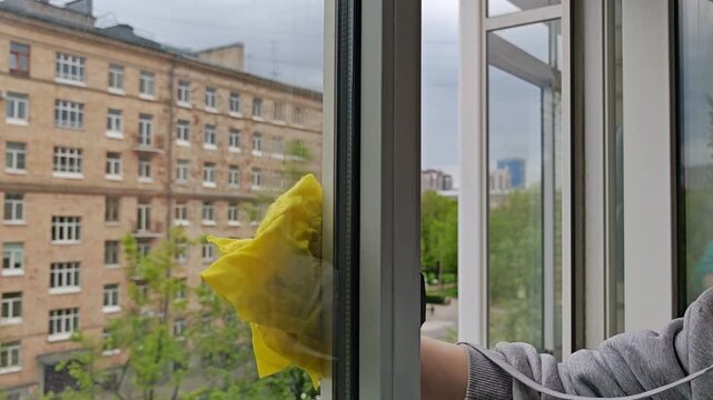 Person cleaning window with yellow cloth. spring cleaning, household maintenance, window care.