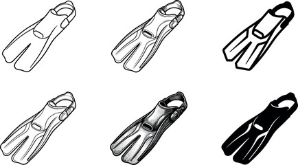 Professional Diving Flippers Icon Set with Scuba Swimming Gear Symbols for Underwater Sports, Marine Exploration, and Aquatic Vector Designs © KP Studio
