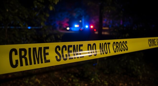 Yellow crime scene tape blocks off an area at night with flashing police lights in the blurry background.