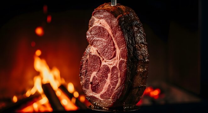 Asado style grilled beef short ribs cooking over open flame