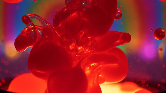 Vibrant red ink swirling in colorful water with bright glowing light and abstract liquid shapes