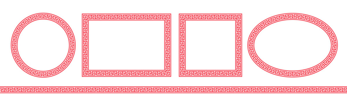 Chinese pattern. Greek frame, seamless stripes. Greece circle, oval, ellipse, rectangle, square. Roman border isolated on white background. Round china boarder. Chinatown lines. Vector illustration