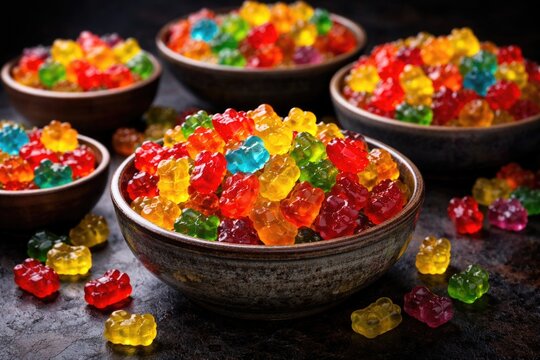 variety of colorful gummy bears in different bowls over a dark moody background