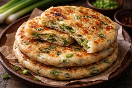 Traditional Chinese scallion pancakes showing visible layers and scallions