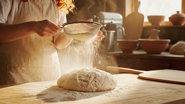 A baker in an apron sifts white flour over raw dough on a wooden table. Warm sunlight fills the rustic kitchen, creating a cozy atmosphere. Ideal for culinary blogs or bakery advertisements.