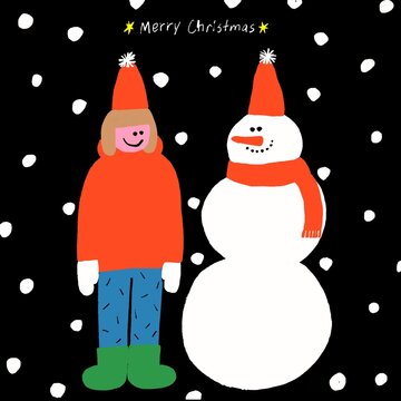 クリスマスの女の子と雪だるまのイラスト