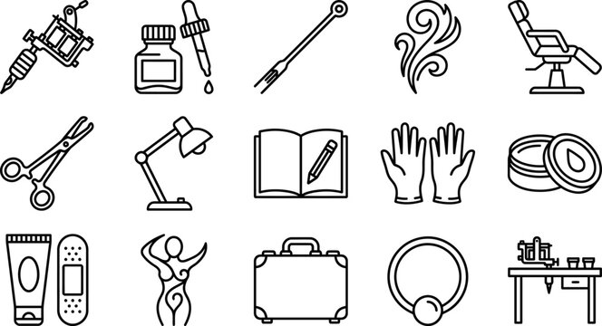 Black and white line icons of various objects and tools  tattoo machine to desk