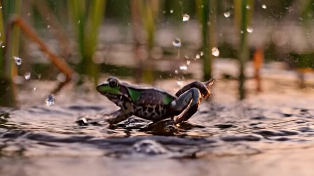 Frog Leaping From Water Surface Mid-Jump