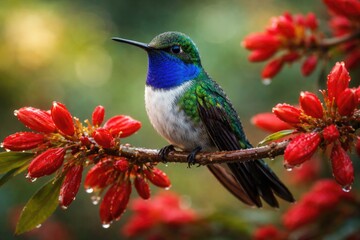 Fototapeta premium Relaxed blue chinned hummingbird sitting on a vivid red flowered branch
