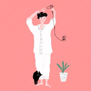 ドライヤーで髪を乾かす女性と黒猫のおしゃれなイラスト