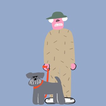 犬の散歩をするシニア男性のおしゃれなイラスト