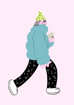 犬を抱っこして歩くジェンダーレスな人物のおしゃれなイラスト