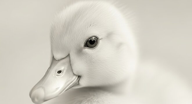 Extreme closeup macro detail of a fluffy white baby duckling showing its eye and beak