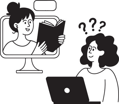 Woman studies with a laptop while observing a virtual guide on her display and experiencing confusion regarding the book contents she is currently reviewing for her professional development project.