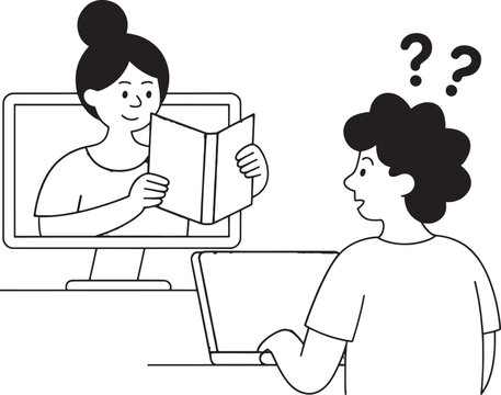 Student participates in a remote learning session while looking at an online instructor on a computer monitor and feeling puzzled by the educational materials presented during the virtual class.
