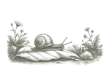 Intricate engraving style vector illustration of a small snail crawling slowly on a large fallen leaf surrounded by wild grass and flowers © Chairul
