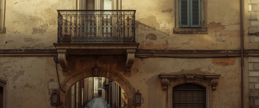 Classic balcony with ornamental details overlooking a quiet alleyway
