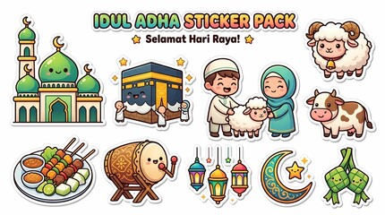 Fototapeta premium Idul Adha Sticker Pack with Mosque Kaaba People Animals Food and Lanterns.