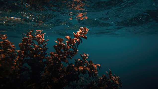 Brown Kelp Frond Floating Beneath Ocean Surface Dark Water, Tranquil Mood