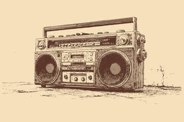 Flat vector silhouette of a 1980s-style portable music player. © PanzaDesign