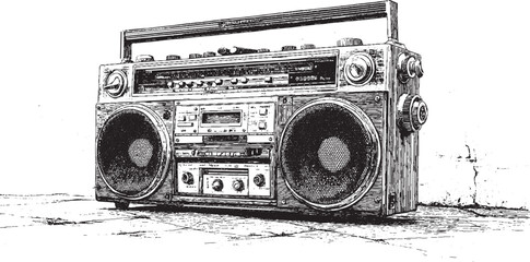 Flat vector silhouette of a 1980s-style portable music player. © PanzaDesign